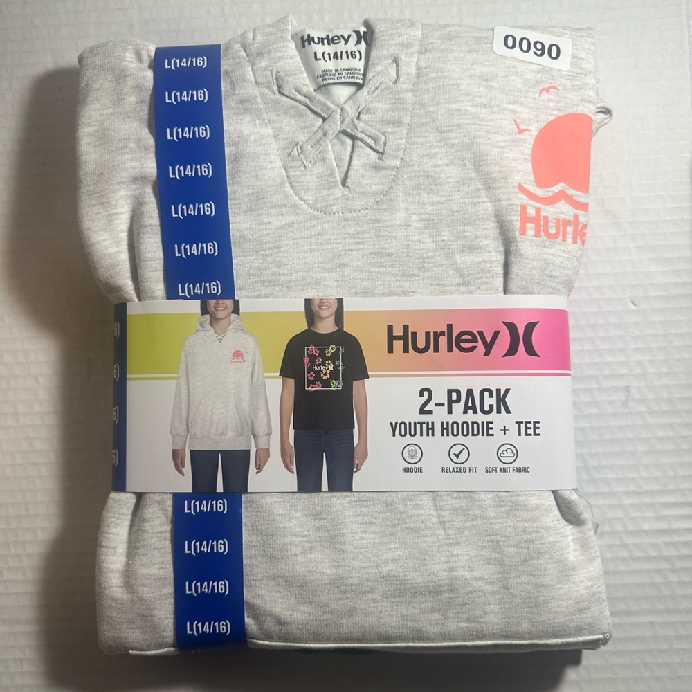 Hurley Youth Girls Hoodie & Tee (2 Pcs Set) Gray, Multicolor, Large (14/16) NEW